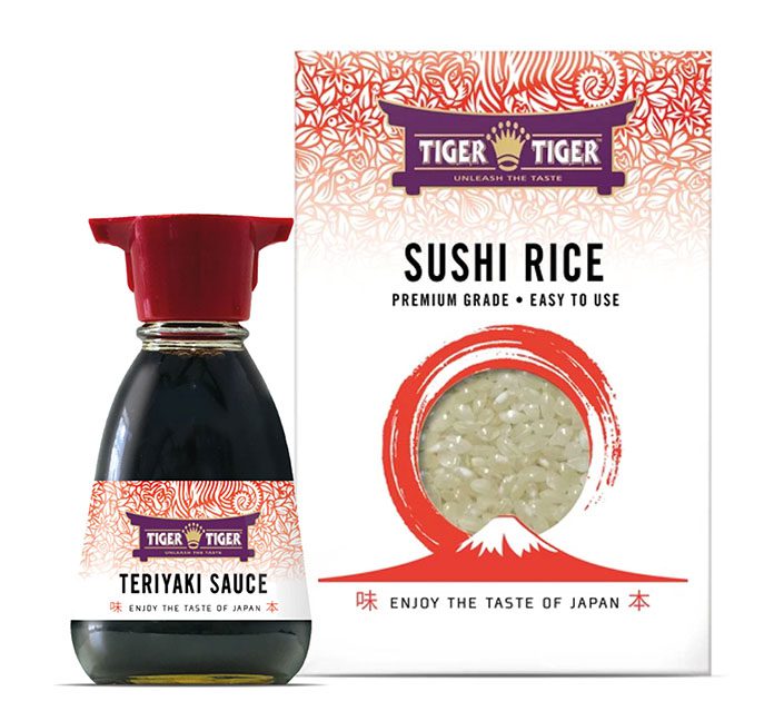 Tiger Tiger Teriyaki Sauce Bottle Next to Sushi Rice Packet